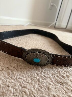 Leather Western Belt with Turquoise Concho - Brown